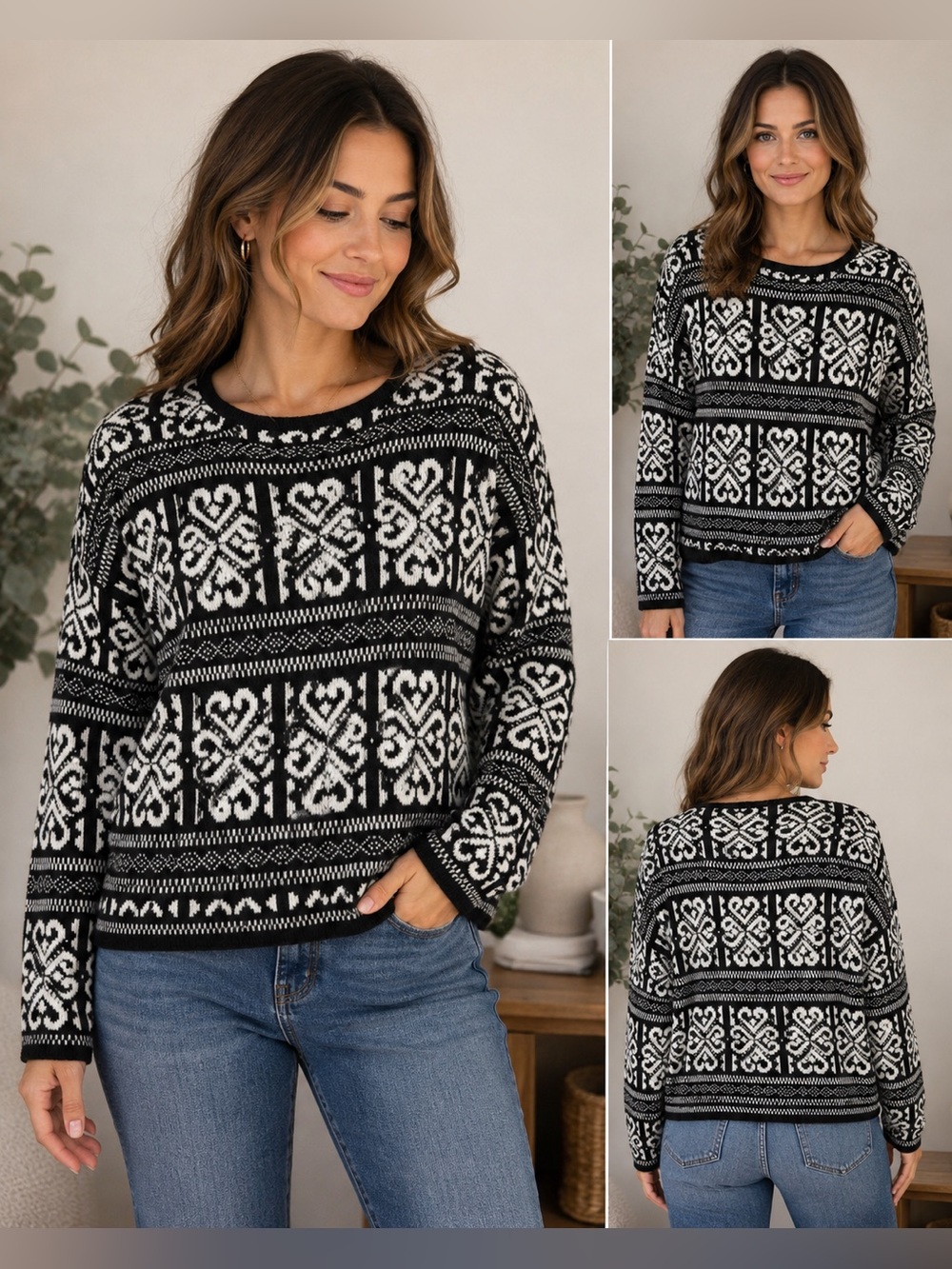 J. Jill Fair Isle Heart Sweater Women’s Large Black White Wool Blend Nordic